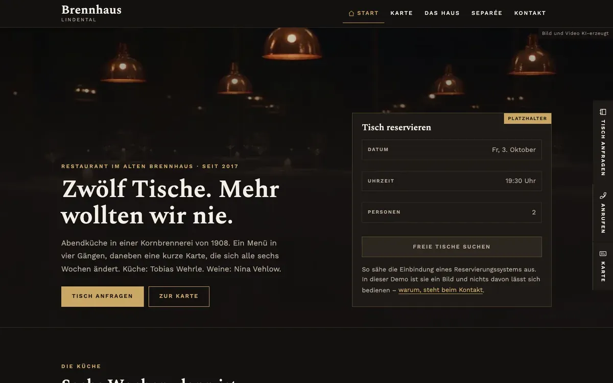 Startseite der Demo für ein Restaurant in dunkler Gestaltung