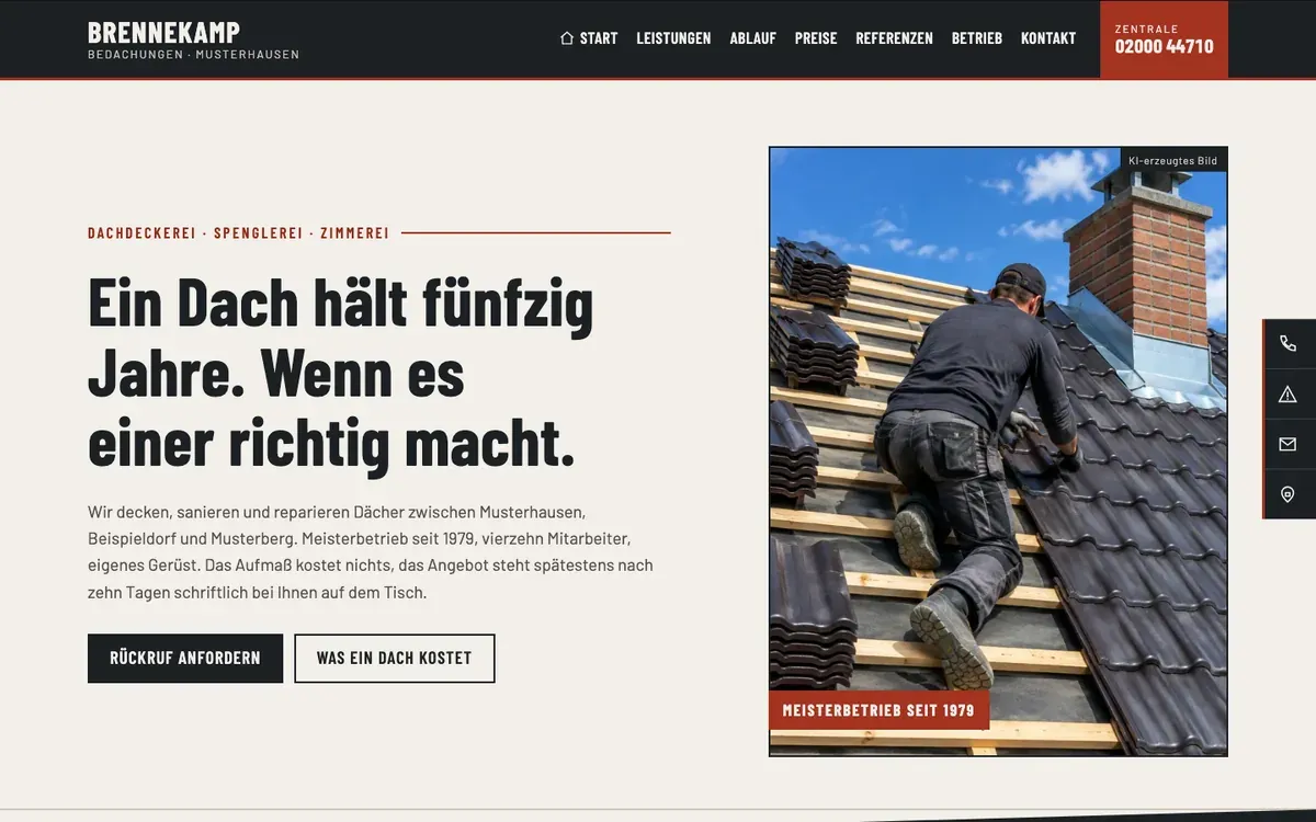 Startseite der Demo für einen Dachdeckerbetrieb: großer Schriftzug und Foto einer Dachbaustelle