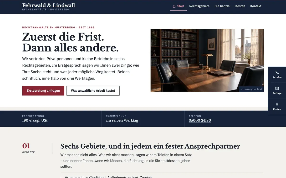 Startseite der Demo für eine Anwaltskanzlei mit Serifenschrift und dunkelblauer Kopfzeile