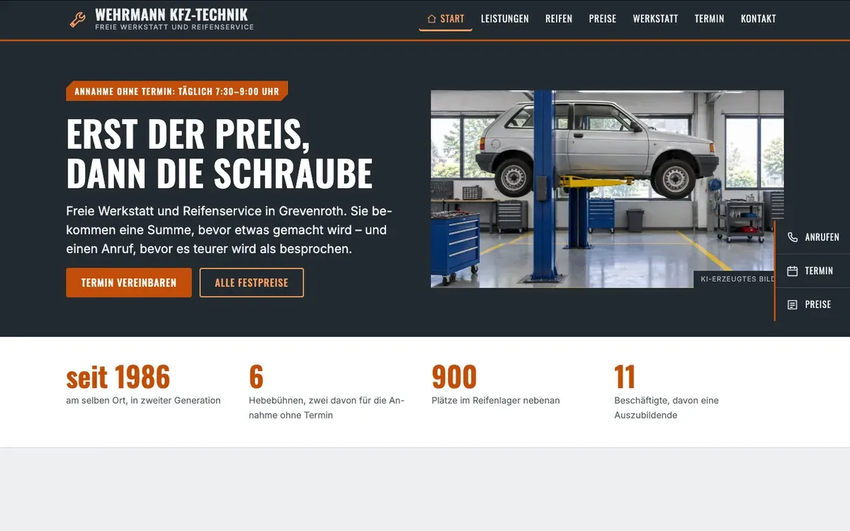 Startseite der Demo für eine KFZ-Werkstatt mit Preisen und Terminvereinbarung