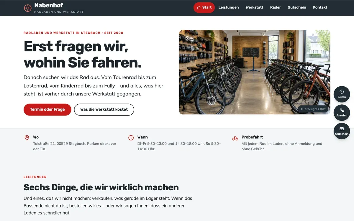 Startseite der Demo für einen Fahrradladen mit Werkstatt, rote Akzente auf hellem Grund