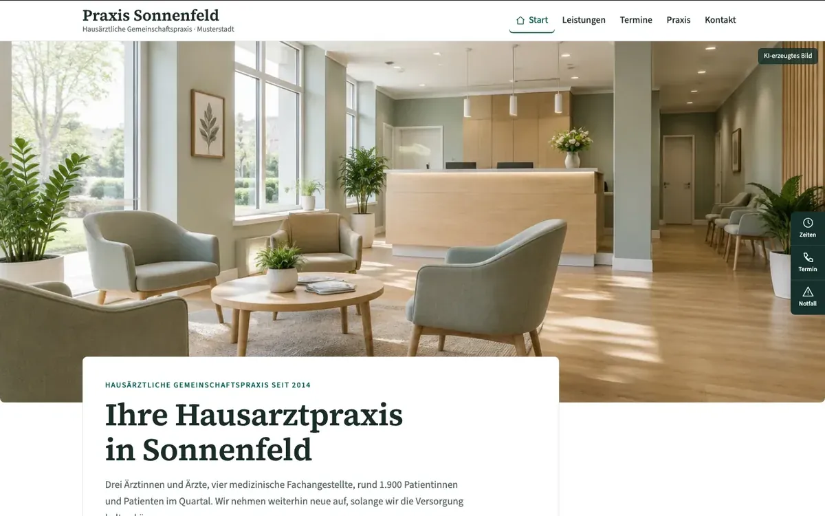 Startseite der Demo für eine Arztpraxis mit ruhiger, heller Gestaltung