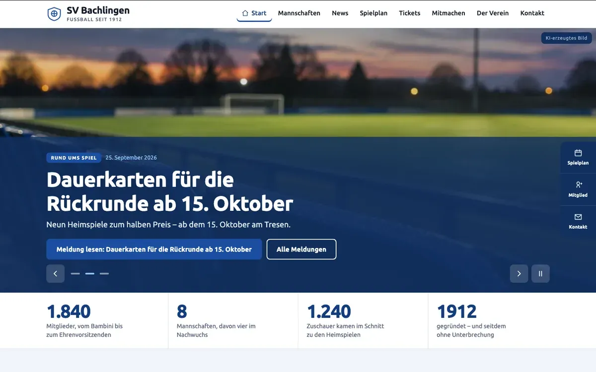 Startseite der Demo für einen Fußballverein mit Meldungen, Spielplan und Mitgliederzahlen