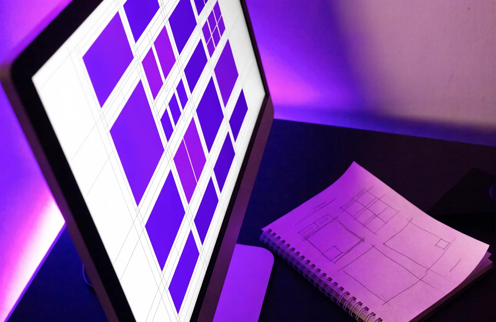 Arbeitsplatz bei Nacht: Auf dem Bildschirm ein Seitenentwurf aus violetten Flaechen, daneben ein Skizzenbuch mit Layout-Zeichnungen.