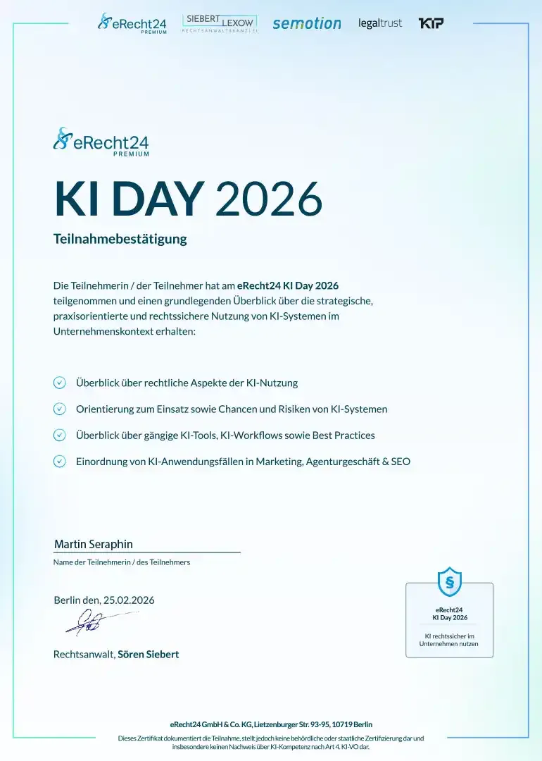 Teilnahmebestätigung des eRecht24 KI Day 2026